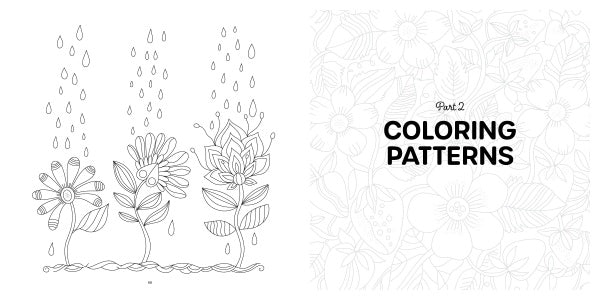Black-and-white illustration of whimsical flowers and leaves with raindrops, alongside a page labeled "Part 2 COLORING PATTERNS"—from the Happy Place Coloring Book by Schiffer Publishing, Ltd., ideal for adult coloring or journal prompts.
