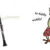 On the left, “What Do You Hear?” appears on a clarinet. On the right, a frog in a red polka-dot dress plays clarinet, saying “hi-fiddly widdly!”—a fun animal music scene from Schiffer Publishing, Ltd.’s children’s book.
