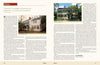 A two-page spread from Antique New England Homes & Barns by Schiffer Publishing, Ltd. features a preface on historic homes, two photos, column text, and captions, with beige backgrounds, red highlights, and restoration themes.