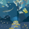 Illustration from "The Sea" by Schiffer Publishing, Ltd. shows a deep-sea trench with fish, corals, a shark, crabs, and a yellow submarine exploring diverse marine life and rocky formations.
