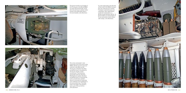 Discover interior views of the M4A4 Sherman in "Sherman Tank, Vol. 5" by Schiffer Publishing, Ltd.—showing radio gear, ammo shells, mounted machine gun, controls, and seating—ideal for military vehicle history enthusiasts.