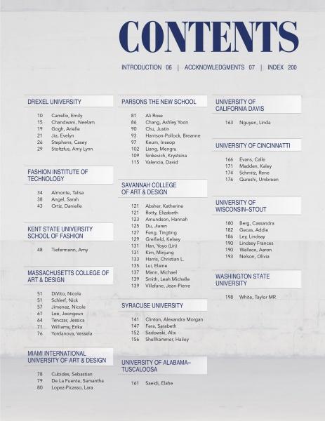The table of contents in Emerging Fashion Designers 5 by Schiffer Publishing, Ltd. features university names like Drexel, Parsons, UC Davis, and University of Cincinnati in bold, with lists of fashion design graduates and page numbers under a blue “CONTENTS” header.