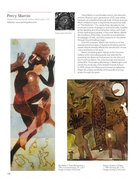 A page from "100 Artists of Washington, D.C." by Schiffer Publishing, Ltd. features two abstract Percy Martin paintings: the left shows a dancing figure; the right depicts stylized figures and animals beneath a tree, with text about Martin above.