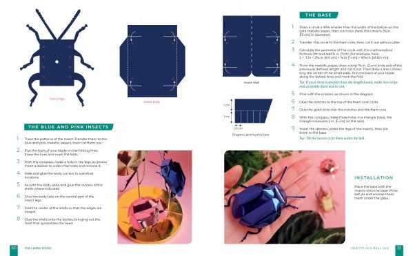 Paper Joy for Every Room by Schiffer Publishing, Ltd. is an instructional guide with photos and diagrams for creating blue and pink paper insects, featuring templates, folding steps, insect parts, and finished metallic models.