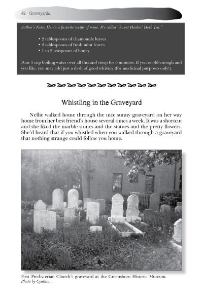 A black-and-white photo of old tombstones in a tree-lined graveyard evokes Piedmont North Carolina's folklore, inspiring a short story and chamomile tea recipe in Schiffer Publishing, Ltd.’s "Folktales and Ghost Stories of North Carolina’s Piedmont.