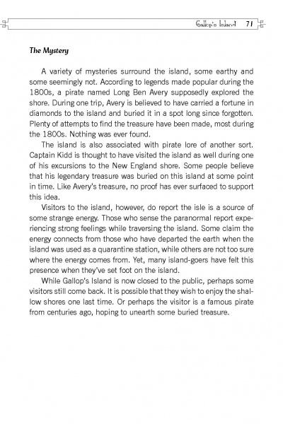 A page from Schiffer Publishing, Ltd.’s “Boston's Haunted History” delves into pirate legends, ghost stories, buried treasure, and eerie island events; “71” is printed in the book’s top corners.