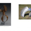 Four abstract metal sculptures are featured in "Contemporary Cape Cod Artists" by Schiffer Publishing, Ltd.: two upright copper-toned indoor forms and two outdoor pieces—a silver curved sculpture and a yellow ribbon-like form—by local artists.