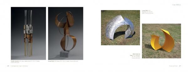 Four abstract metal sculptures are featured in "Contemporary Cape Cod Artists" by Schiffer Publishing, Ltd.: two upright copper-toned indoor forms and two outdoor pieces—a silver curved sculpture and a yellow ribbon-like form—by local artists.