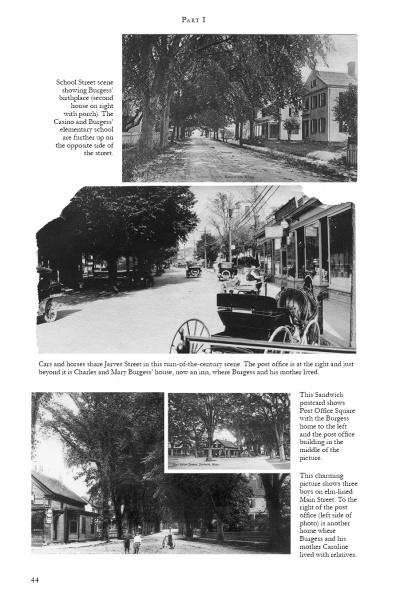 A page from Nature's Ambassador by Schiffer Publishing, Ltd. shows three black-and-white photos of historic streets and buildings, with horse-drawn carriages and captions about School and Jarves Street—once home to Thornton W. Burgess.