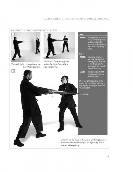 A step-by-step photo guide from Schiffer Publishing, Ltd.'s "Sword Fighting" shows two people in black clothing demonstrating a Squinting Strike defense with detailed instructions and diagrams for single-handed sword technique.