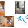 A collage of minimalist interiors from "Condo Makeovers" by Schiffer Publishing, Ltd.—wood floors, exposed beams, neutral walls, a modern bathroom, and a floor plan—ideal inspiration for stylish high-rise living and condo renovations.