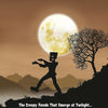 A silhouetted monster like Frankenstein walks on a hill under a full moon with a bare tree, mountains behind at twilight. Text: They're Coming! by Schiffer Publishing, Ltd. Spooky story creatures emerge at twilight—watch out!.