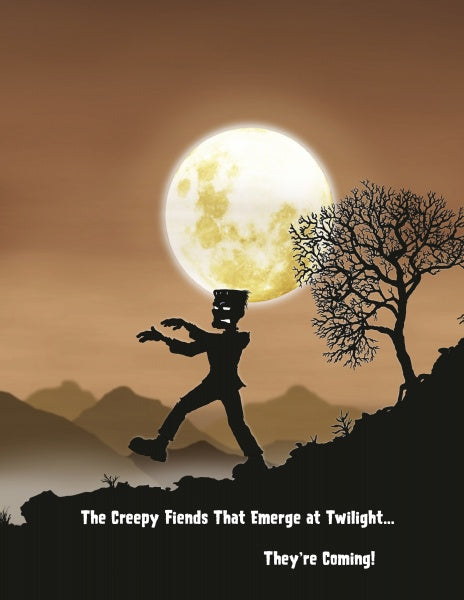 A silhouetted monster like Frankenstein walks on a hill under a full moon with a bare tree, mountains behind at twilight. Text: They're Coming! by Schiffer Publishing, Ltd. Spooky story creatures emerge at twilight—watch out!.