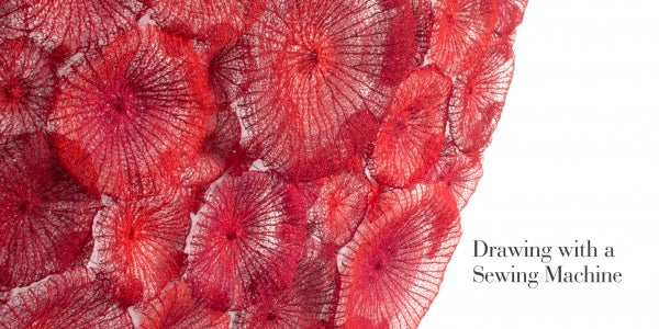 Red, translucent fabric petals overlap and are stitched onto a white background, highlighting organic embroidery. “Organic Embroidery” by Schiffer Publishing, Ltd. is featured, with “Drawing with a Sewing Machine” in the lower right corner.