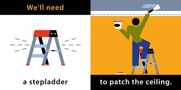 Illustration split in two: Left side shows a stepladder with “We’ll need a stepladder”; right side shows someone patching a ceiling with “to patch the ceiling.” From Let's Fix Up the House by Schiffer Publishing, Ltd.—a fun board book for kids about home renovation and vocabulary.