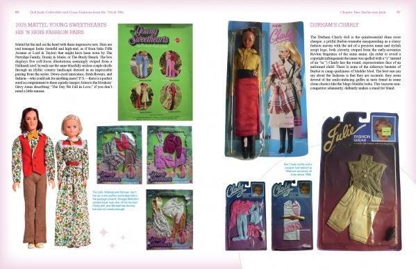 A book spread from "Doll Junk" by Schiffer Publishing, Ltd. features vintage Barbie dolls in retro outfits on the left page and boxed dolls plus 1980s Barbie fashion sets on the right.
