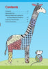 On a blue background, a quirky giraffe with colorful zendoodle patterns stands by a mouse in glasses. “Zendoodle for Children” by Schiffer Publishing, Ltd. inspires creativity, with a contents list on the left to guide young artists.