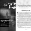 A spread from "Behind the Paranormal" by Schiffer Publishing, Ltd. shows Chapter Four: Ghosts, Parasites, and Poltergeists. The left page features a shadowy figure on a bed; the right discusses cases like the Amityville haunting.