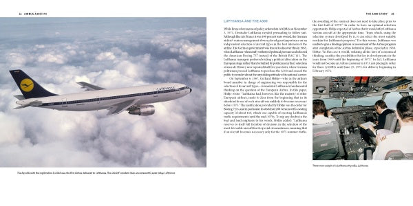 The left page features an Airbus A300/310 soaring above clouds, while the right page from Schiffer Publishing, Ltd. depicts two people seated in the cockpit, facing the aircraft’s controls and instrument panels.