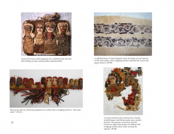 A page from "Universal Stitches for Weaving, Embroidery, and Other Fiber Arts" by Schiffer Publishing, Ltd. displays four ancient textile fragments, showcasing intricate stitches from Peruvian dolls, Coptic trim, decorative edgings, and figurative textiles.