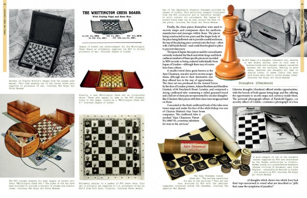 A collage for "Evasion and Escape Devices Produced by MI9, MIS-X, and SOE in World War II" by Schiffer Publishing, Ltd. showcases vintage chess/checkers sets, WWII escape aids, photos, packaging, and historic chess/draughts board designs.