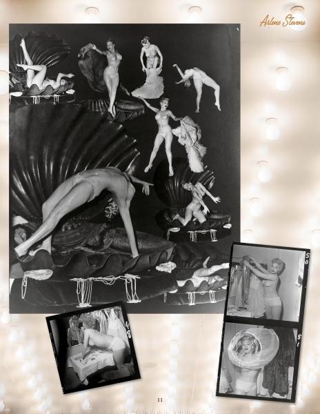 A collage from "New York Burlesque" by Schiffer Publishing, Ltd. features vintage black-and-white photos of performers in clam shell props and theatrical costumes, inspired by the Roy Kemp portfolio on a lightbulb-bordered background.