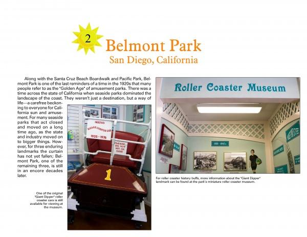 Explore Belmont Park in San Diego with *California Theme Parks* by Schiffer Publishing, Ltd.—featuring historic photos, stories, and a standout image of the Giant Dipper roller coaster car “1” inside the Roller Coaster Museum.