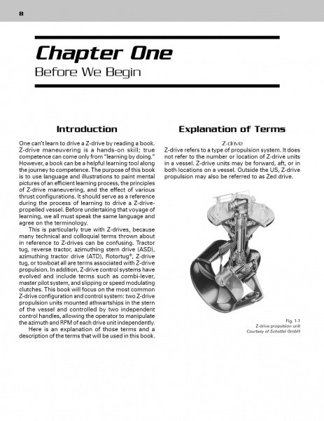 The book “ASD Tugs: Thrust and Azimuth” by Schiffer Publishing, Ltd. opens with Chapter One: Before We Begin, featuring Introduction, Explanation of Terms, and a Z-drive propulsion diagram detailing ASD tug components and maneuvering.