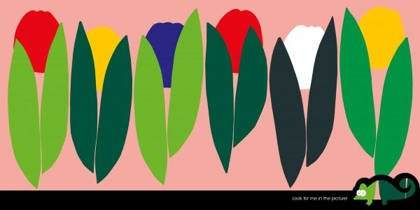 The Chameleon" by Schiffer Publishing, Ltd. features colorful tulips and leaves on pink, with a small green and black cartoon chameleon in the bottom right—perfect for a fun seek and find and boosting observation skills.