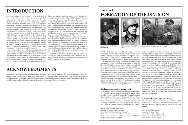 Two pages from "The 6th Waffen-SS Gebirgs (Mountain) Division Nord" by Schiffer Publishing, Ltd.: the left has Introduction and Acknowledgments; the right, Chapter 1 on WWII and Operation Nordwind with 3 vintage photos of division soldiers. Text fills both pages.