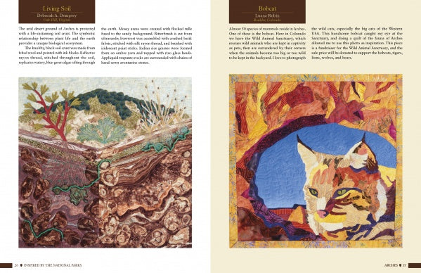 A two-page spread from "Inspired by the National Parks" by Schiffer Publishing, Ltd. displays a layered landscape with a green lizard and desert plants on the left, and a vibrant quilted bobcat portrait on the right—both nature-inspired art quilts.