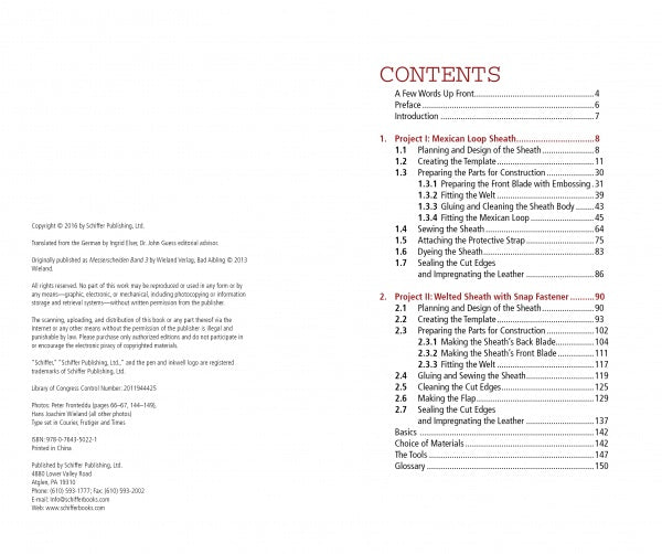 The table of contents from "Making Leather Knife Sheaths, Volume 3" by Schiffer Publishing, Ltd. lists chapters on crafting Mexican loop sheaths and techniques for welted leather and fixed blade sheath designs.