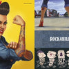 A bold collage of a tattooed woman, hot rods, red heels, and rockabilly icons above “ROCKABILLY,” capturing lowbrow art style. From Rockabilly/Psychobilly by Schiffer Publishing, Ltd. on a denim-like background.