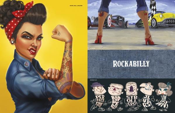 A bold collage of a tattooed woman, hot rods, red heels, and rockabilly icons above “ROCKABILLY,” capturing lowbrow art style. From Rockabilly/Psychobilly by Schiffer Publishing, Ltd. on a denim-like background.
