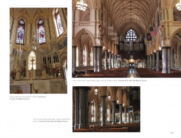 A collage of three images from "Historic Architecture in Philadelphia: East Falls, Manayunk, and Roxborough" by Schiffer Publishing, Ltd. highlights St. John the Baptist Church’s ornate altar, statues, stained glass, arches, and grand pipe organ.