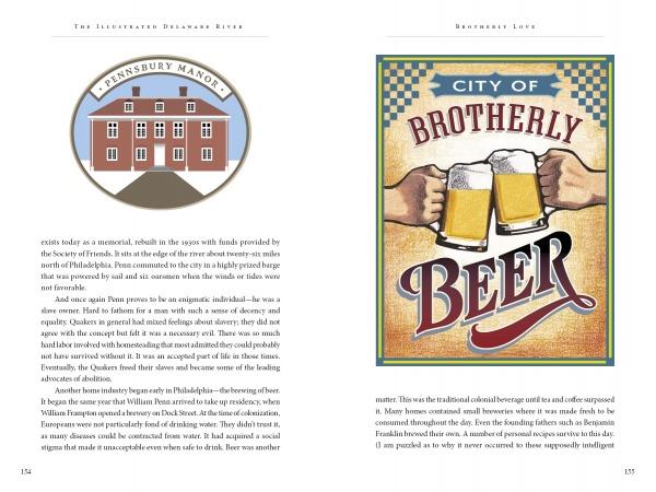 A spread from "The Illustrated Delaware River" by Schiffer Publishing, Ltd. shows a brick building labeled PENNSBURY MANOR, celebrating Delaware River history, and two hands clinking beer mugs with the text CITY OF BROTHERLY BEER.