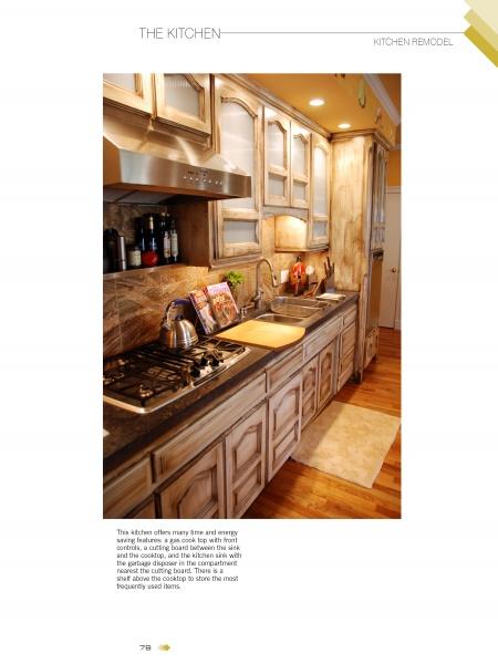 The remodeled kitchen, inspired by "Gracious Living" from Schiffer Publishing, Ltd., features wooden cabinets, a gas stovetop, stainless steel range hood, sink, countertop appliances, and a rug on hardwood floors for an accessible, organized space.