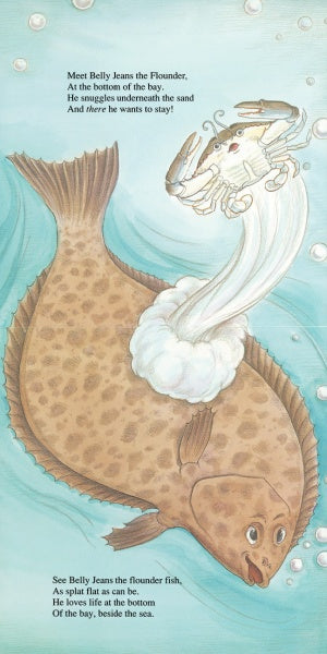 An illustrated flounder rests on the sea bottom as a Chesapeake Bay blue crab floats above him. Surrounded by blue water and bubbles, text introduces the tale in "Meet Chadwick and His Chesapeake Bay Friends" from Schiffer Publishing, Ltd.