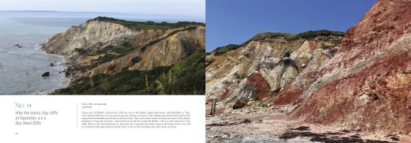 A scenic view of Martha's Vineyard's colorful Gay Head Cliffs is shown, with info about the cliffs on the left and a cliff close-up on the right. From Schiffer Publishing, Ltd.'s guide: 101 Things to Do in Martha's Vineyard.