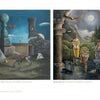 Discover surreal scenes in "Contemporary Cape Cod Artist" by Schiffer Publishing, Ltd.: one painting shows a stone horse, blocks, and chess; another depicts a man, lion, and bird by moonlit water, stone arch, and distant mountains.