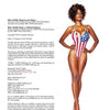 A confident woman with curly hair models an American flag one-piece, barefoot against white. Inspired by modern pinups and Americana, this image is from "Alvarado's All-American Girls" by Schiffer Publishing, Ltd., with book credits on the left.