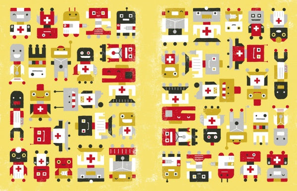 A playful pattern of cartoon robot toys in red, white, black, and yellow—all with red medical crosses—set on a yellow background. "Where Is My Robot?" by Schiffer Publishing, Ltd. is perfect for kids or a seek-and-find adventure.