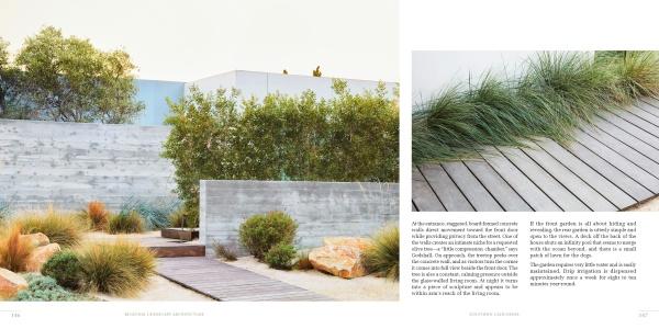 A modern private garden with wooden pathways, grasses, shrubs, and large rocks bordered by concrete walls echoes the style found in Schiffer Publishing, Ltd.'s "Regional Landscape Architecture: Southern California".