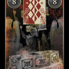 A Lenormand Cartomancy card by Schiffer Publishing, Ltd. displays the number 8 in both upper corners, statues in the background—one raising an arm, another with a cross behind—and an ornate rectangular coffin in the foreground.