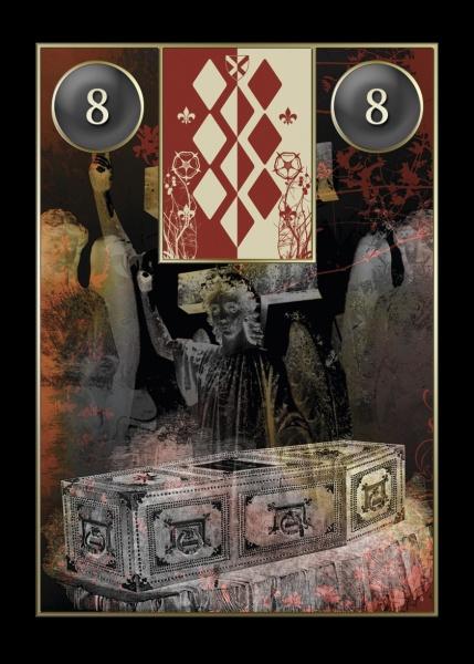 A Lenormand Cartomancy card by Schiffer Publishing, Ltd. displays the number 8 in both upper corners, statues in the background—one raising an arm, another with a cross behind—and an ornate rectangular coffin in the foreground.