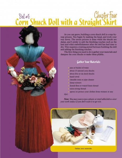 Discover "Making Colorful Corn Shuck Dolls" by Schiffer Publishing, Ltd.—a guide to creating an Appalachian craft corn shuck doll with a straight skirt, featuring materials lists, supply photos, and images of the finished folk art doll in a red flowered dress.