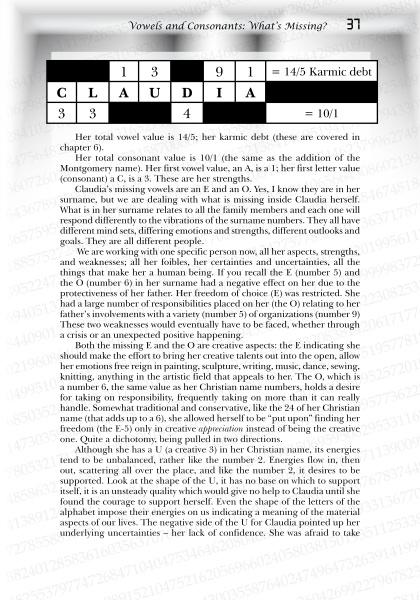 The Numbers of Your Life by Schiffer Publishing, Ltd. examines the numerology of the name CLAUDIA, featuring a table linking letters to numbers and details on how missing vowels and karmic debt impact your life path.