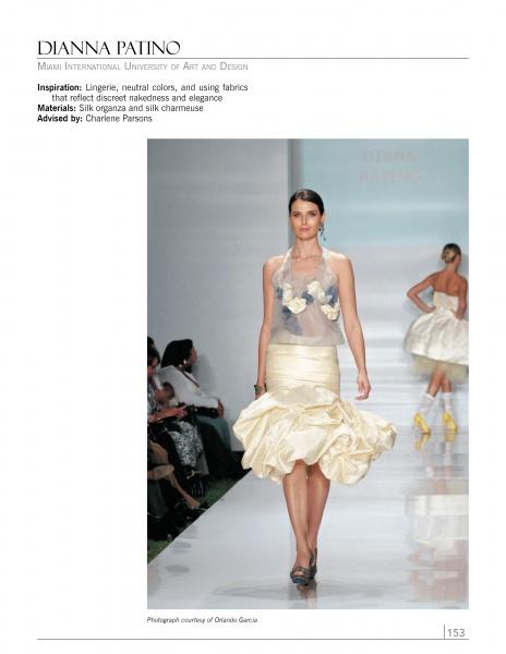 A model showcases a chic cream skirt with a ruffled hem and a sheer, floral top, reflecting trends in "Emerging Fashion Designers" by Schiffer Publishing, Ltd., as audience members line the runway on both sides.