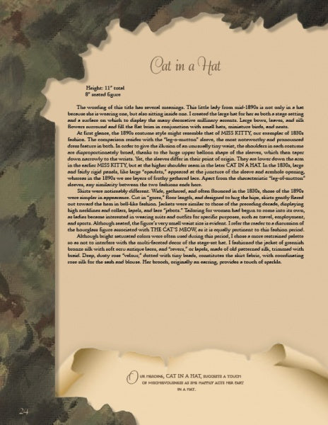 A page with a painted camouflage border and torn parchment section features the title Whimsical Elegance. The text covers handcrafted cat doll history, with an illustration of a fez-wearing cat. From Schiffer Publishing, Ltd.