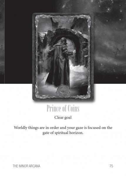 Tarot Gothica by Schiffer Publishing, Ltd. features a grayscale card with a cloaked figure before a stone archway labeled "Prince of Coins." Text below reads: Clear goal. Worldly things are in order and your gaze is focused on the gate of spiritual horizon.